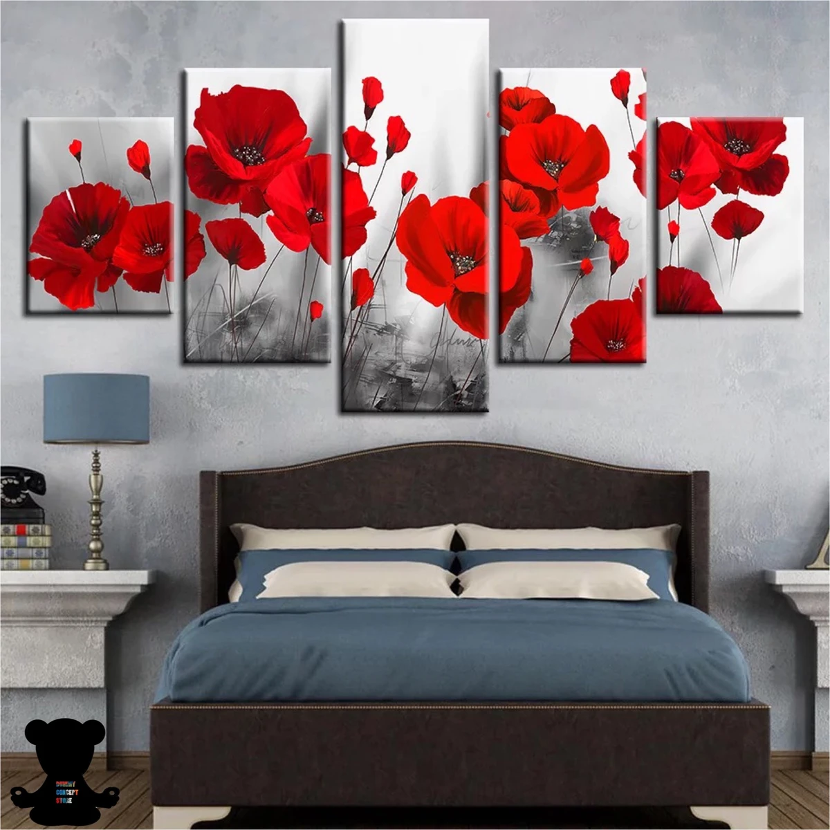 Poppy Red Flower 5 Parçalı Kətan Tablo 155x85 cm - 1