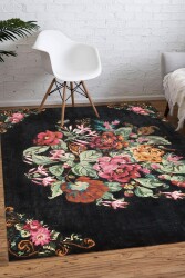 Siyah Üstüne Canlı Çiçek Desen Dijital Baskılı Zenit Kilim - 1