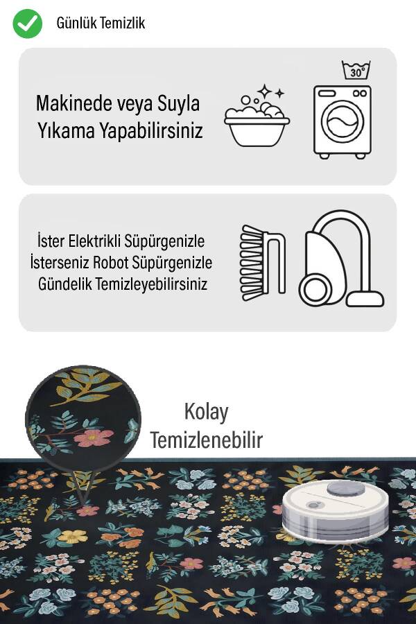 Siyah Üstüne Renkli Çiçek Desen Dijital Baskılı Zenit Kilim - 2