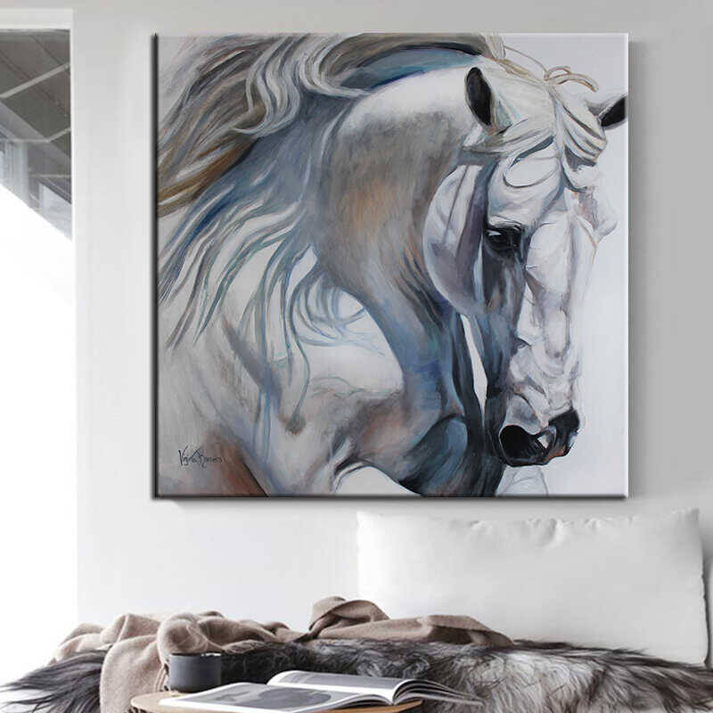 White horse oil painting Kətan Tablo - 1