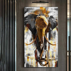 Woman and Elephant Art Kətan Tablo - 1